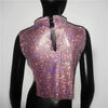Sexy Rhinestone Backless Party Crop Top Women Glitter Turtleneck TShirt Adjustable Metal Chain Summer Nightculb Diamond Tank Top