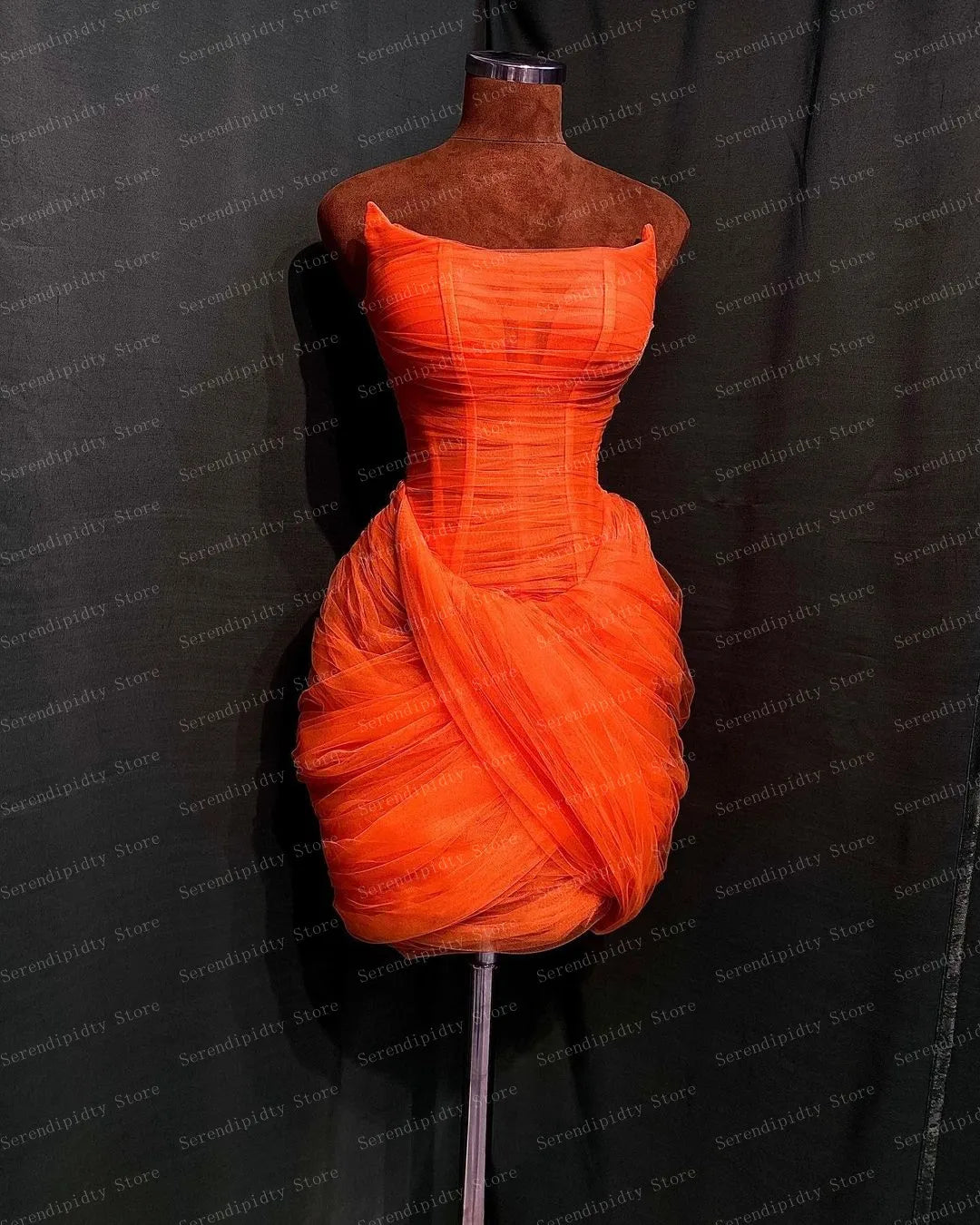 Strapless Orange Tulle Mini Length Bodycon Dress See Through Woman Clothes Custom Made Party Dresses Pretty Wedding Party Gown