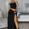 Beyprern Luxury Green Gold Broach Top & Maxi Skirt Set Two-Piece Dress Holiday Outfits Women High Slit Ruched Metal Bubble Dress