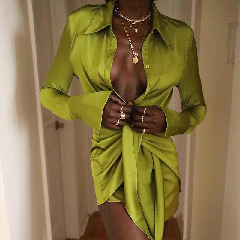 2023 Elastic Elegant Single Breasted Dress Retro Lapel Satin Tight-fitting High Waist Wrap Hips Ruched Short Dress Sexy Clubwear