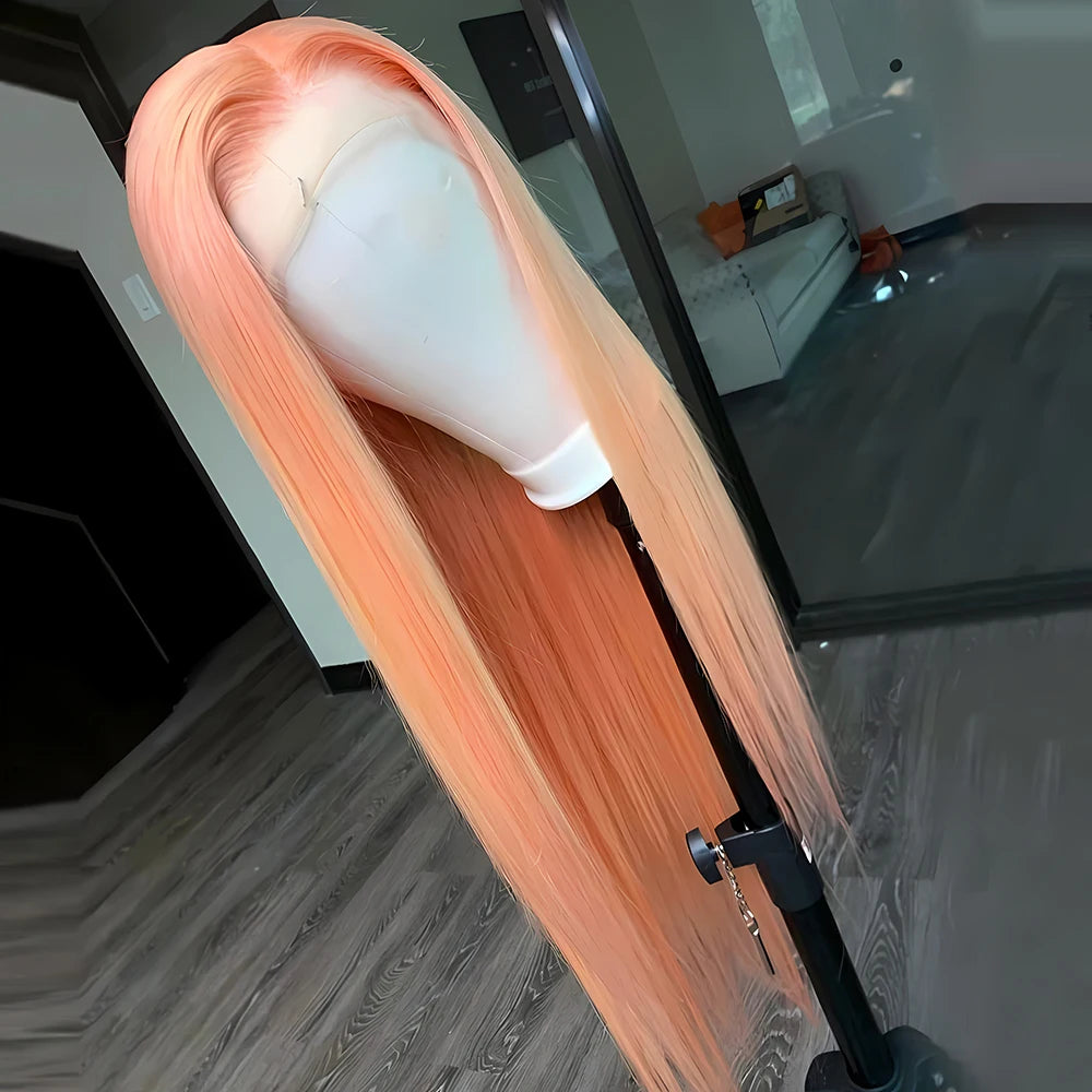 Hellorange Synthetische Lace Front Perücke Lang Glattes Haar Natürlicher Haaransatz Klebelose Perücken für Damen Alltag Cosplay Orange Perücken