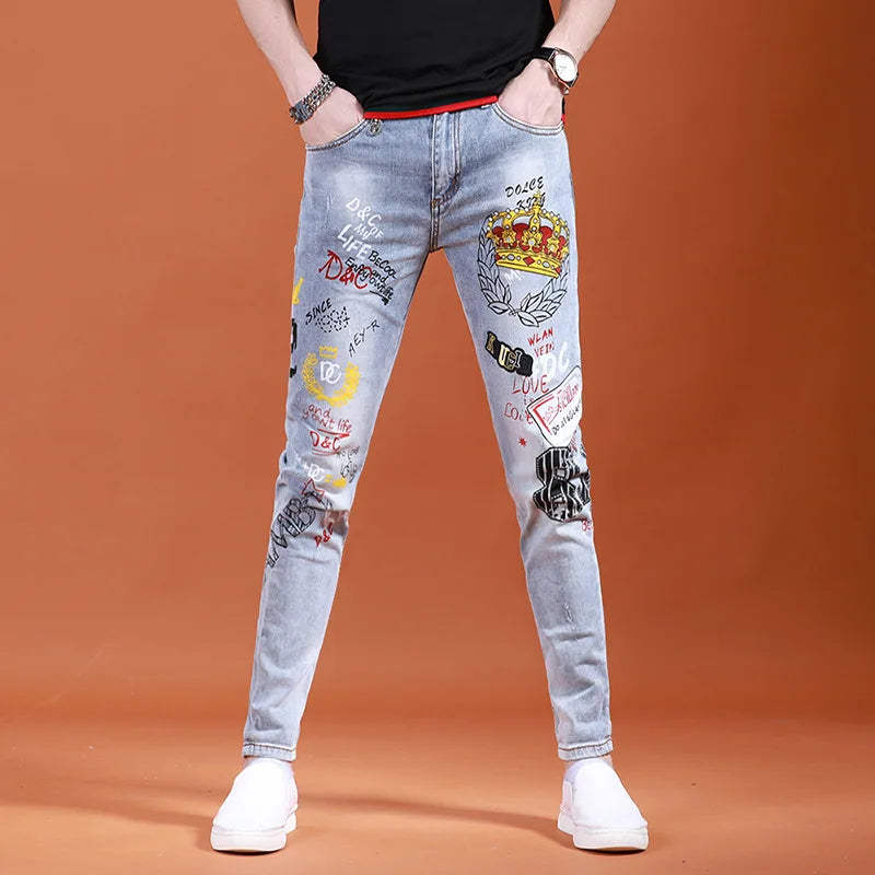 Fashion Printed Jeans Men's Korean Brand Embroidery Badge Pattern Youth Ripped Small Feet Teenagers Cowboy Pencil Pants