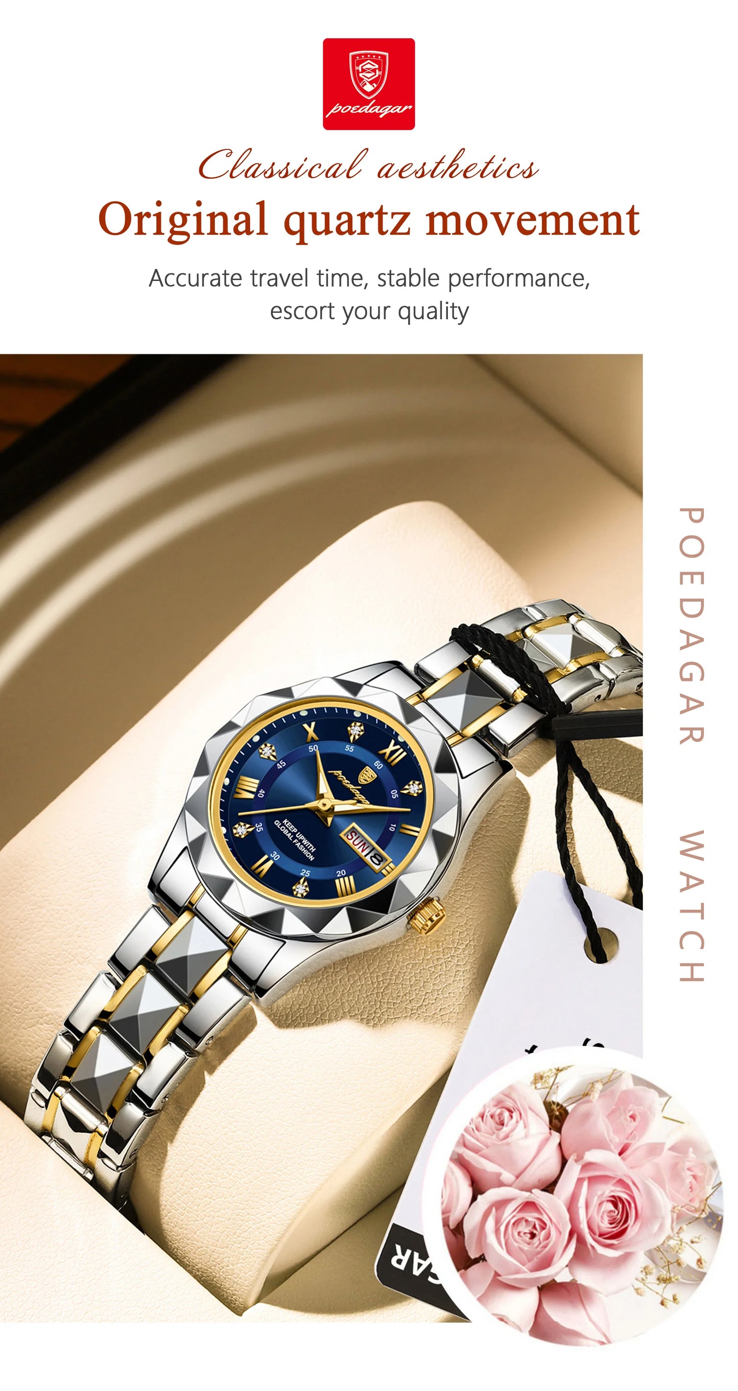 POEDAGAR Luxuriöse Damen-Kleideruhr, leuchtend, wasserdicht, Wochen- und Datumsanzeige, Damenarmbanduhr, Edelstahl-Damenquarzuhr reloj+box