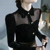 Black Vintage Doll Collar Polka Dot Gold Velvet Top Women's Autumn and Winter Gauze Splicing Perspective Sexy T-shirt