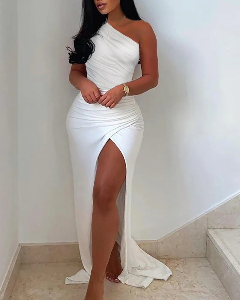 Sommerliches elegantes, unifarbenes Kleid mit hohem Beinschlitz, gerafftes Maxi-Bodenkleid, weißes sexy Korsett, asymmetrische Partykleider für Damen