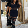 Beyprern Women's See-Through Striped Sheer Polo Maxi Dress Sexy Turn-Down Collars Caged Party Dresses Night Out Vestido Clubwear