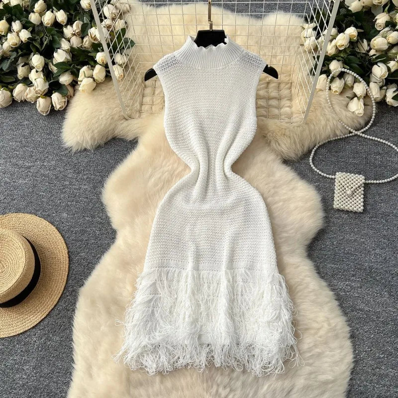 Joskaa 2025 Summer Women Elegant Round Neck Sleeveless Tassels Hem Bodycon Mini Knitted Dress Holiday Beach Party Clubwear