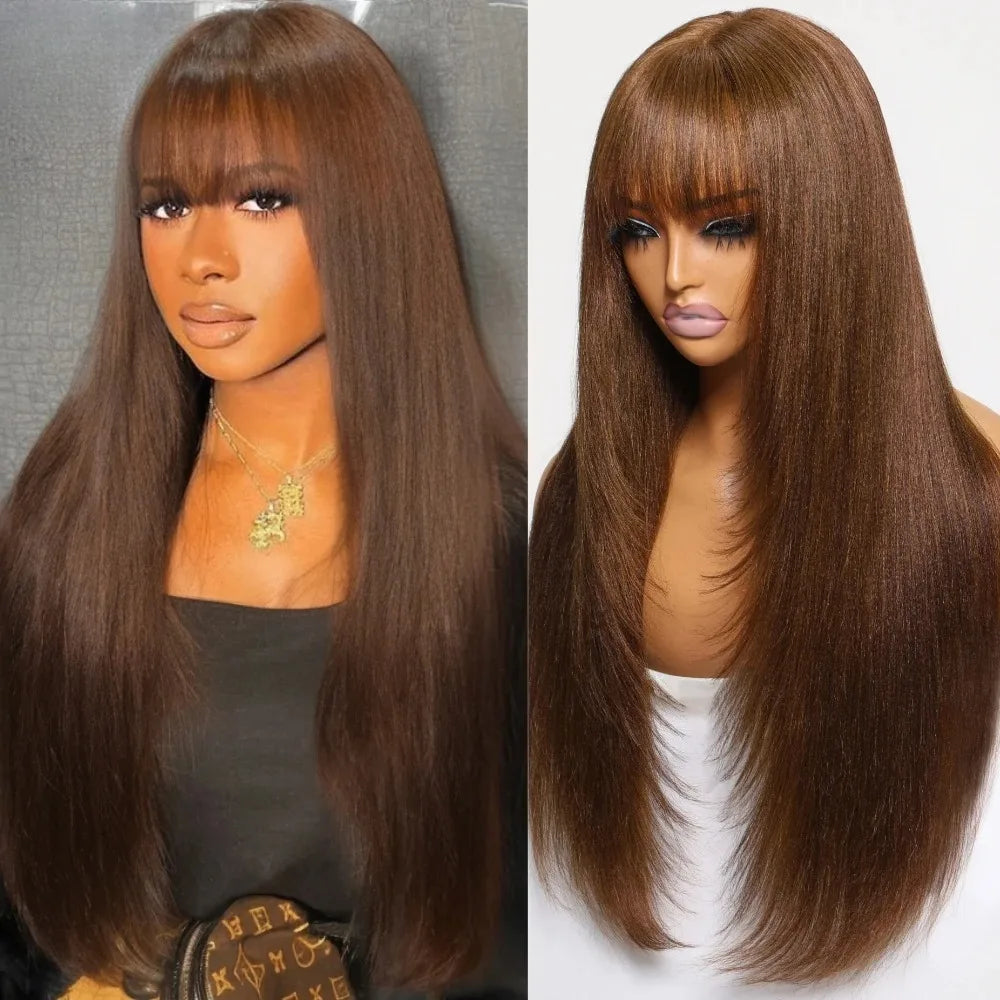 Light Brown Short Bob Layered Lace Front Wig With Bangs Straight Lace Frontal Wig 13x4 Glueless Synthetic Heat Resistant Cosplay