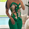 Spring Summer Sleeveless Suit Fashion Print Two Piece Sets Women Sexy V-neck Button Metal Sling Top & Wide Leg Pants Outfits