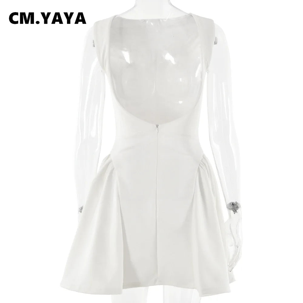 CM.YAYA Summer Women Sleeveless Elegant O-Neck Ruched A-Line Dress 2025 Beach Holiday Backless Night Club Party Dresses Vestidos