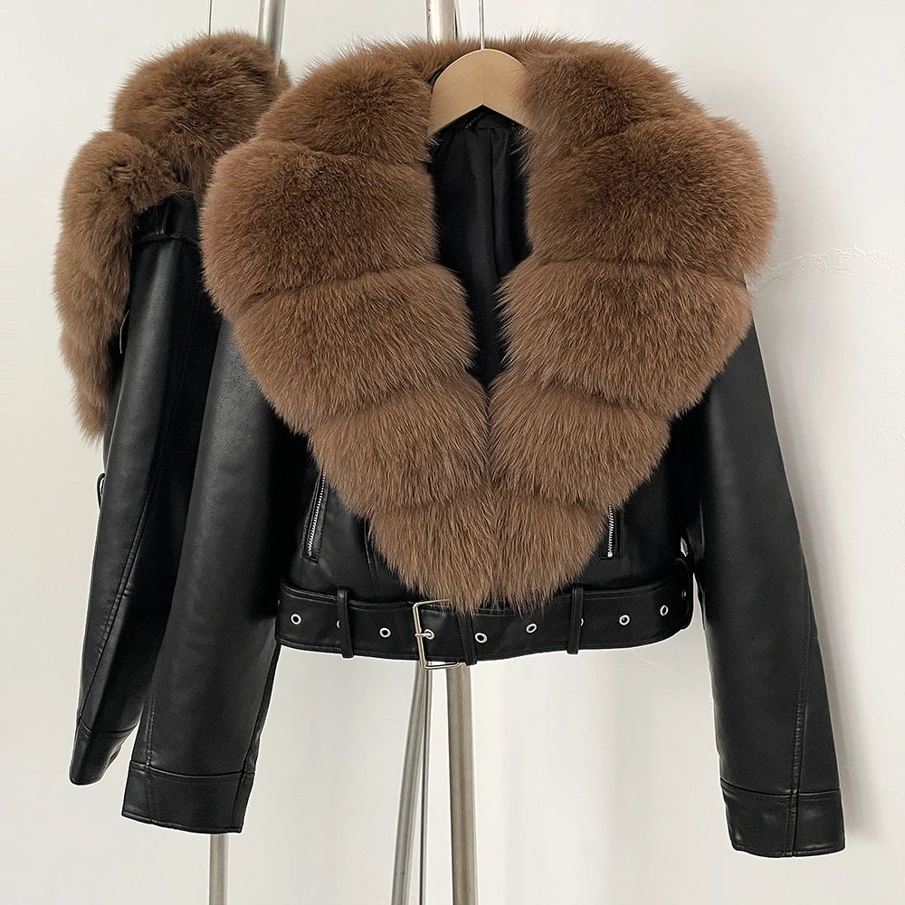OFTBUY Natural Fox Fur Faux Leather Jacket Female New Autumn Short Top Clothing Women Long Sleeve Fake Leather Real Fur Coat