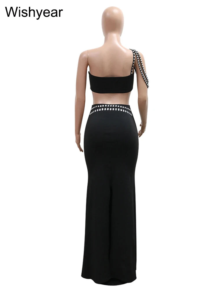 Luxury Celebrities Evening Club Outfit for Women Sexy Black Single Shoulder Diamonds Long Skirts and Crop Tops Two 2 Pieces Suit