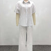 Women Casual Two Piece Pant Set Short Sleeve Turn Down Collar Shirts Top and High Waist Loose Wide Leg Pant Matching Set 2025