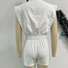 Znaiml Elegant White Patchwork Rompers Playsuits Women Lapel Sleeveless Slim Shorts Jumpsuits Hollow Button Birthday Overalls