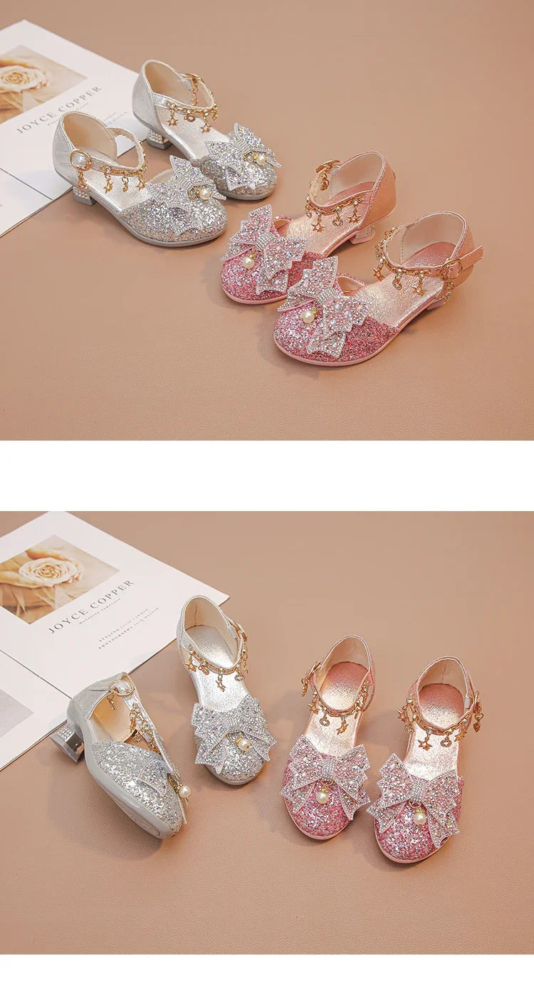 Girls Leather Shoes High Heeled for Wedding Party Glitter Rhinestone with Bow-knot Kids Dress High Heels Pendant Bling Sparkling