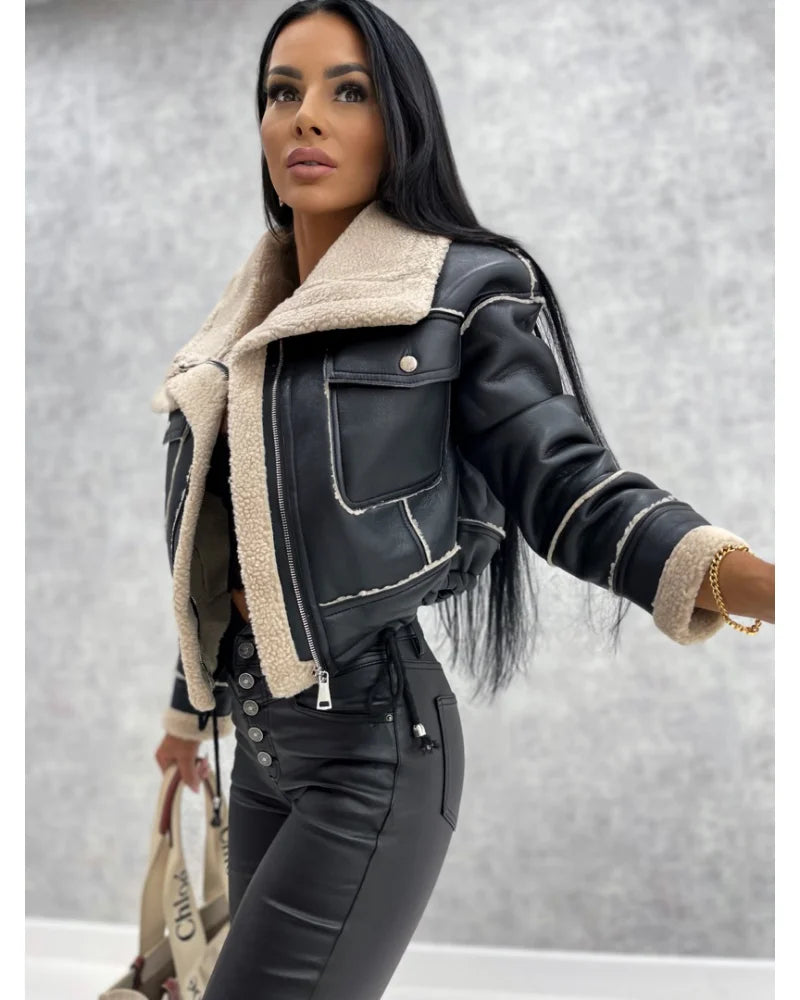 Faux Leather Jackets Women PU Short Thick Warm Black Outwear Female Aviator Retro Lapel Velvet Coat 2023 New Winter Woman Tops
