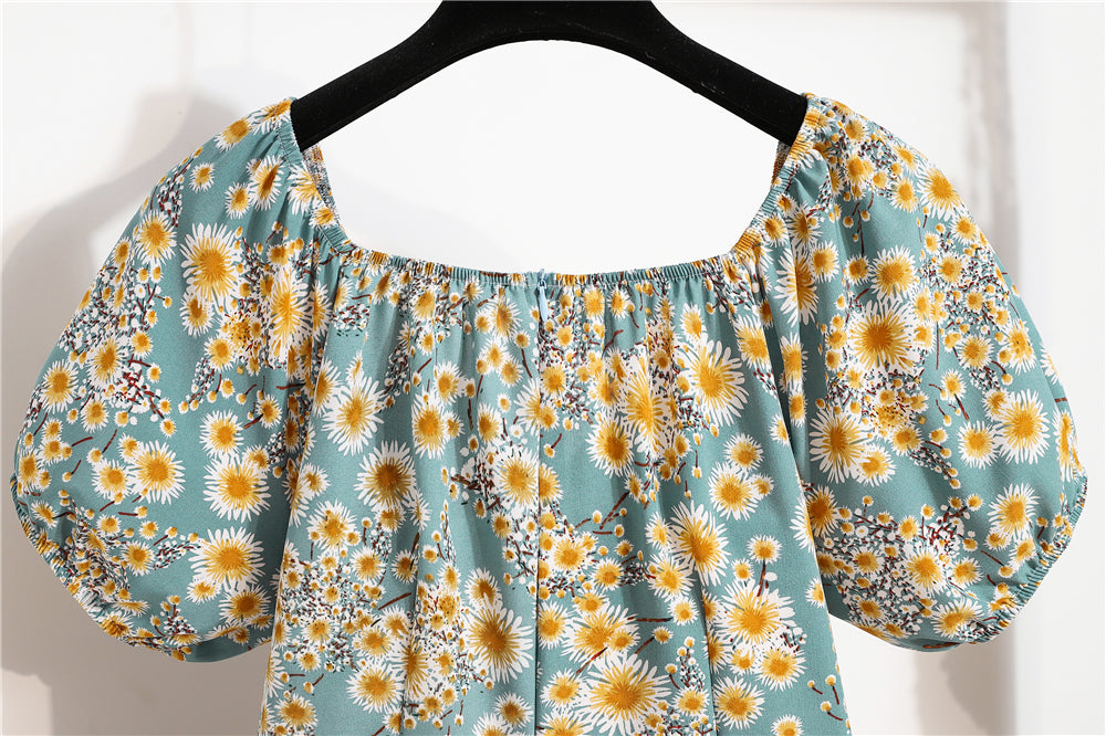 Damen Minikleider Sommer Mode Damenkleider Bedruckte Chiffonkleider mit Blumenmuster, gerafft, plissiert, kurze Puffärmel, Freizeitkleid