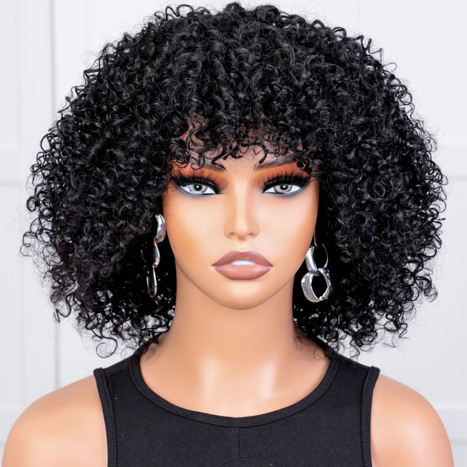 250D Braun Afro Kinky Curly Echthaarperücken mit Pony Zum Tragen Glueless Perücke Remy Brasilianische Kurze Lockige Echthaarperücke
