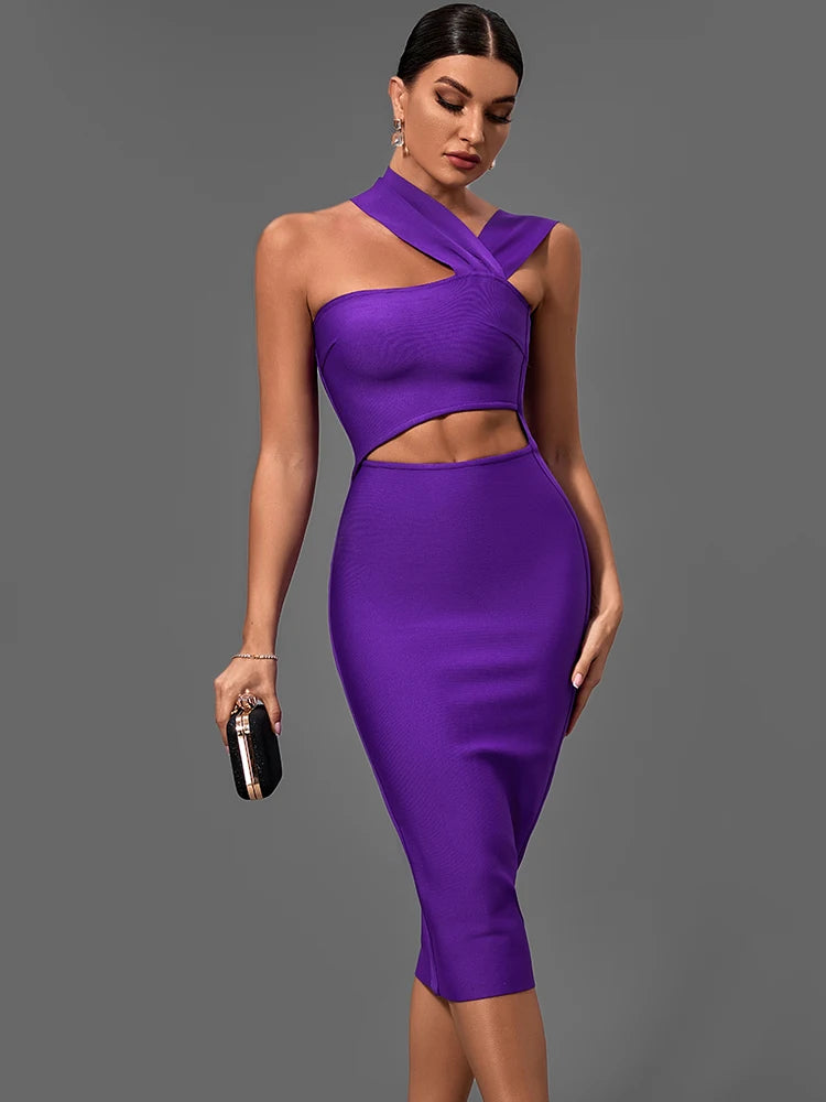 Bandage-Kleider für Damen 2022 Lila Bodycon-Kleid Abendparty Elegant Sexy Cut Out Midi Geburtstag Club Outfit Sommer Neu