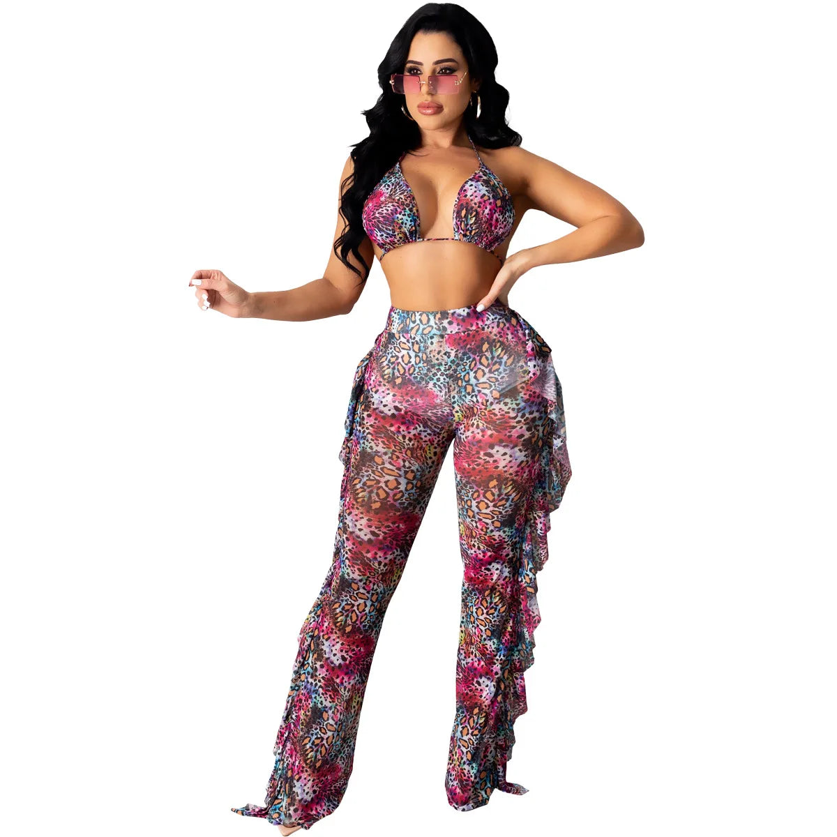 Bra+tassel Pants Suit  2 Piece Set Women Hot Pink Swimsuit Mesh Bathing Suit Sexy Matching Swimwear Viquinis Mujer 2022
