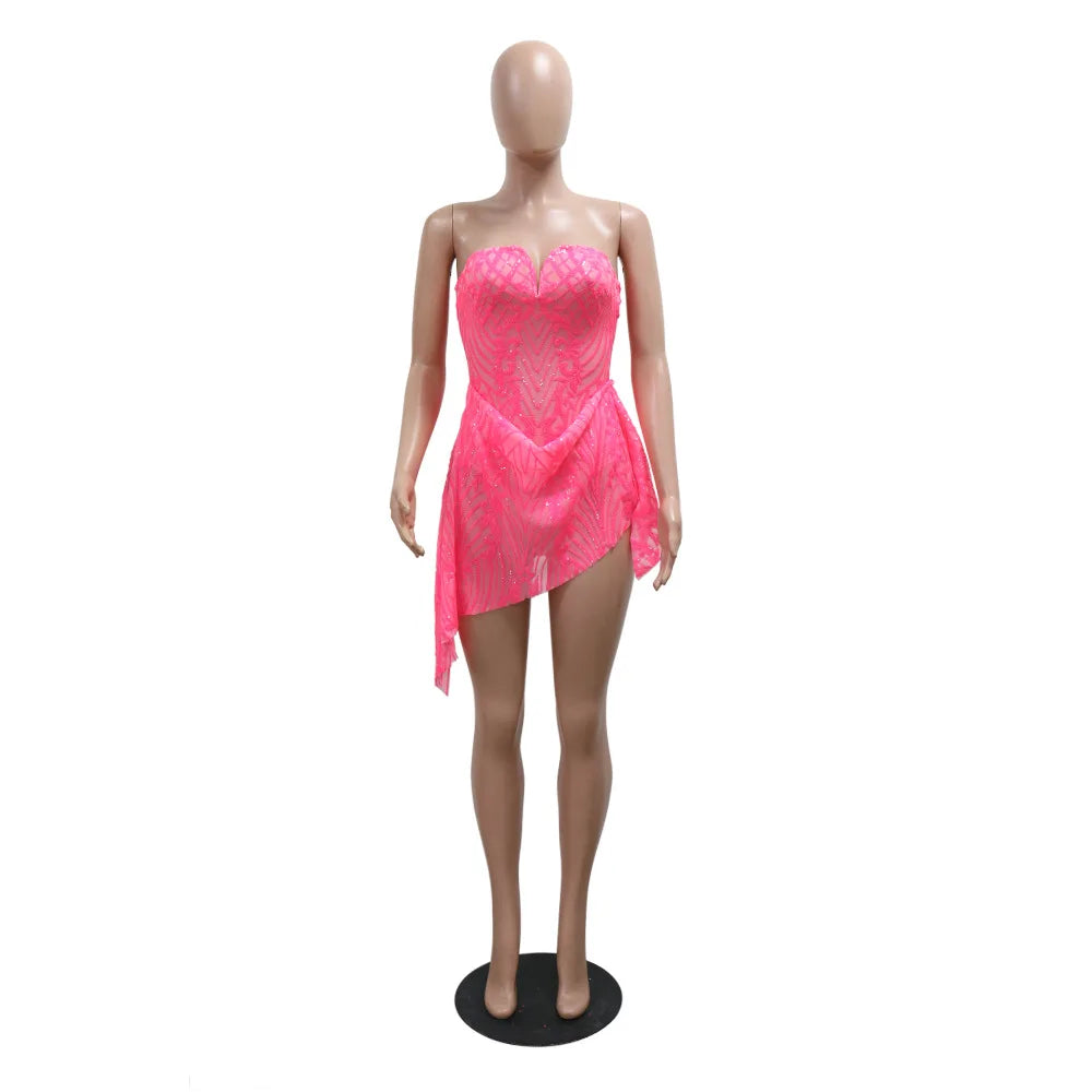 CM.YAYA Women Strapless V-neck Fashion Sequined Sexy Dress Mesh See Through 2024 Summer Night Club Evening Party Mini Dresses