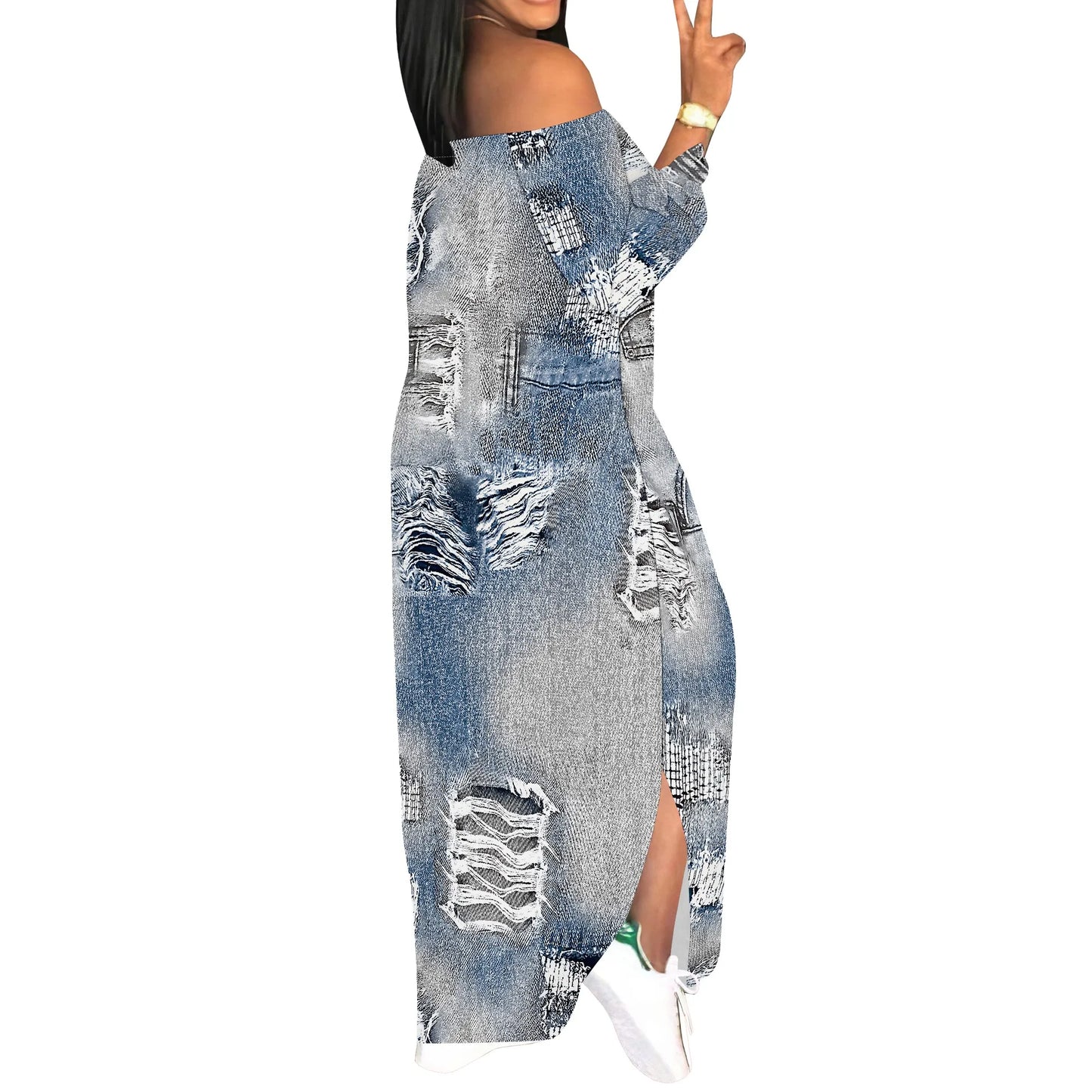 Denim Retro Print Long Sleeve Slim Fit Elegant Casual Slit One-Shoulder Neck Dress