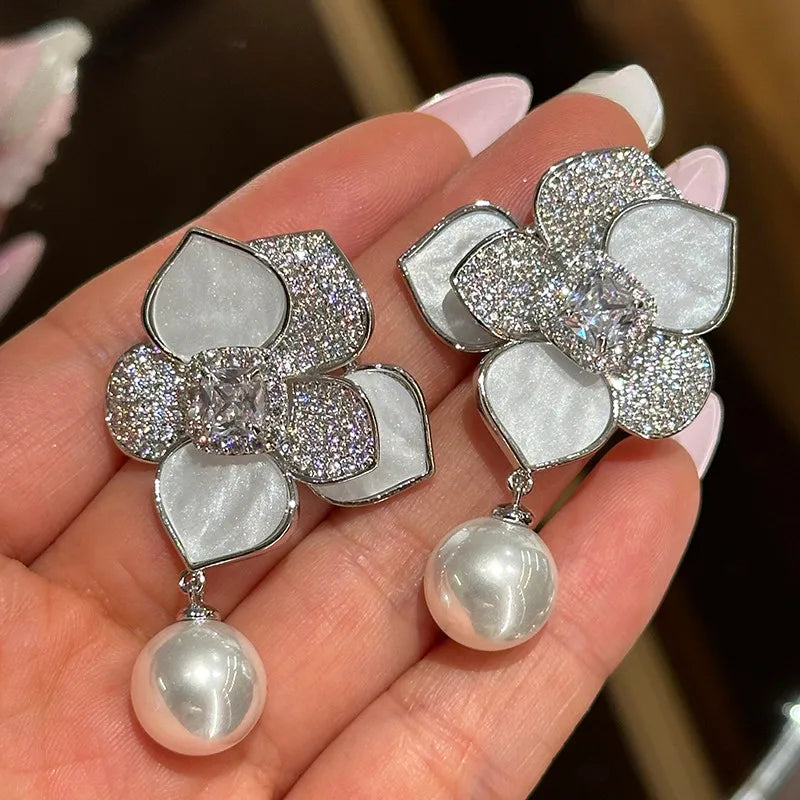 Fashion Flower Zircon Pearl Earrings