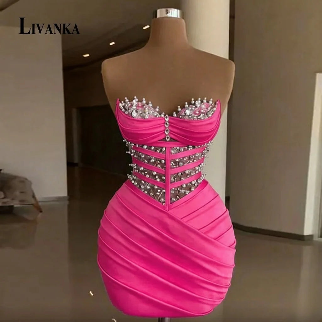 LIVANKA  Fashionable Sheath Homecoming Dresses For Women Pearls Pleat Ruched Satin Vestidos De Festa Customized Plus Size