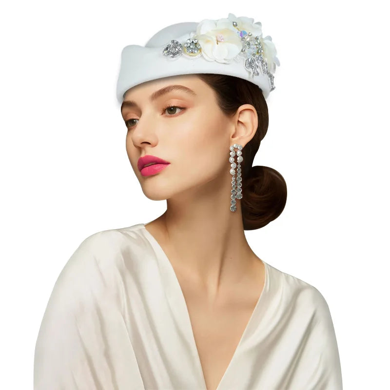Elegant Felt Turban Hat Vintage Rhinestone Flower Church Beret Hat For Women Air Stewardess Party Cosplay Cap Costume Accessory