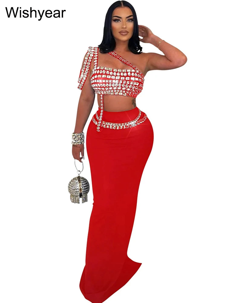 Luxury Celebrities Evening Club Outfit for Women Sexy Black Single Shoulder Diamonds Long Skirts and Crop Tops Two 2 Pieces Suit