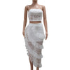 Sexy Two 2 Piece Sets Night Club Outfits for Women White Lace See Through Sleeveless Strapless Top and Ruffles Long Skirts Suit