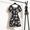 Damen Minikleider Sommer Mode Damenkleider Bedruckte Chiffonkleider mit Blumenmuster, gerafft, plissiert, kurze Puffärmel, Freizeitkleid