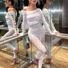 Sibybo Off Shoulder Long Sleeve Jumpsuits Women Fashion Rhinestones High Stretch Hollow Out Sexy Overalls Sparkly Party Rompers