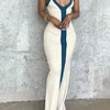 Sexy V-neck Contrast Color Off-shoulder Sleeveless Striped Wide Sling Split Hem Long Dress Temperament Party Club Casual Clothes