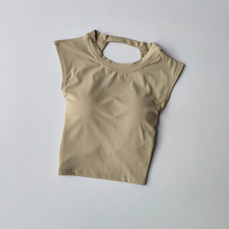 Sexy Kurzes Rückenfreies Sport-T-Shirt mit festem Brustpolster Damen Eng Anliegendes Schnell Trocknendes Schlankmachendes Yoga-Top