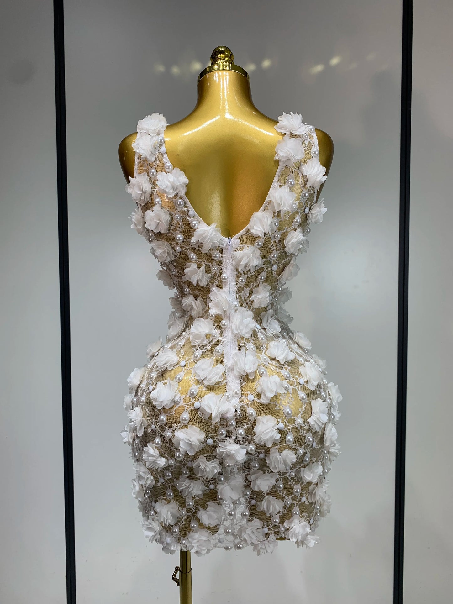 Women Luxury Pink Flowers Pearls Lace See Through Bodycon Mini Dress Birthday Photoshoot Evening Party Nightclub Stage Costume