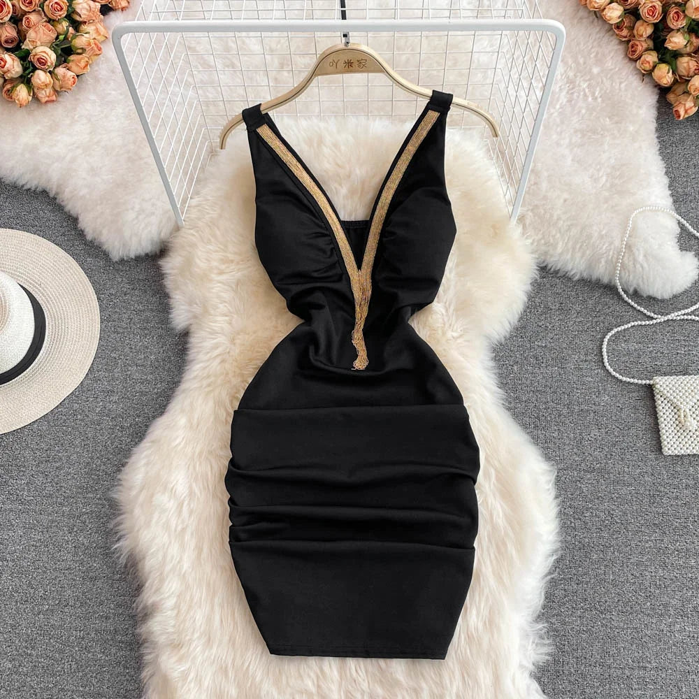 Fashion Bodycon Sexy V-neck Low Cut Mini Short Work Dress Women Backless Irregular Sleeveless Short Hip Wrap Vest Dress OL Red