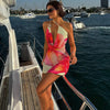 TARUXY Asymmetrisches, sexy bedrucktes Kleid, drapiert, Schwingkragen, Strandurlaub, Minikleid, elegant, ärmellos, Damen, hohe Taille