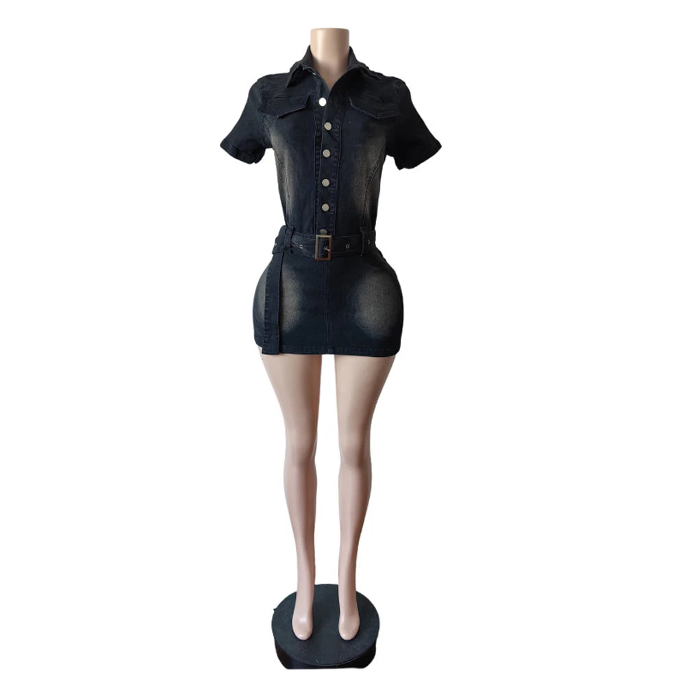 2025 Neues Jeanskleid Kurzarm Damen Schick Sexy Sommer Elegant Schmal Stretch Acid Wash Vintage Gürtel Jeans Bodycon Kleider