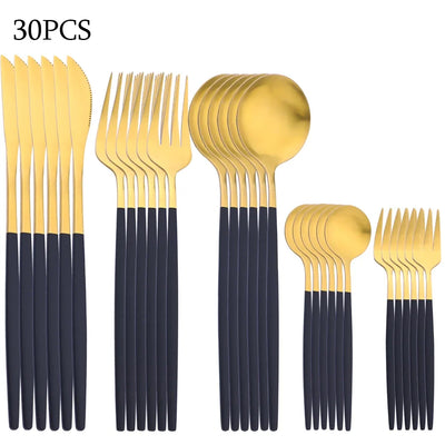 30-teiliges Besteckset schwarz-gold Edelstahl-Menümesser Obstgabel Löffel Besteckset Küchengeschirr Silberbesteck-Sets