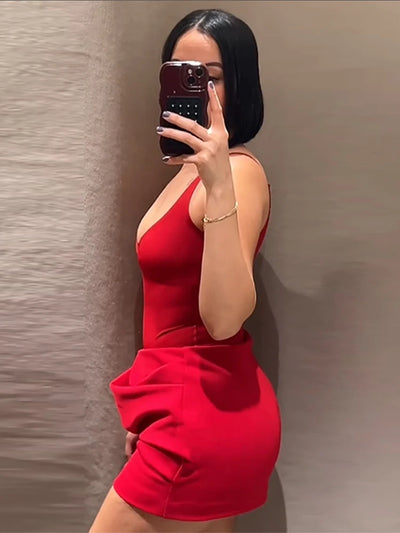 Sexy Pleated Strap Romper Set Women Red Sleeveless Backless U-neck Mini A-line Skirt Female 2025 Fashion Summer Solid Party Suit