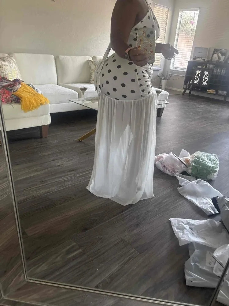 Sexy Polka Dot See through Beach Dress with Neck Hanging Long Polyester Blend Fabric Swimwear Cover up Irregular Hemline