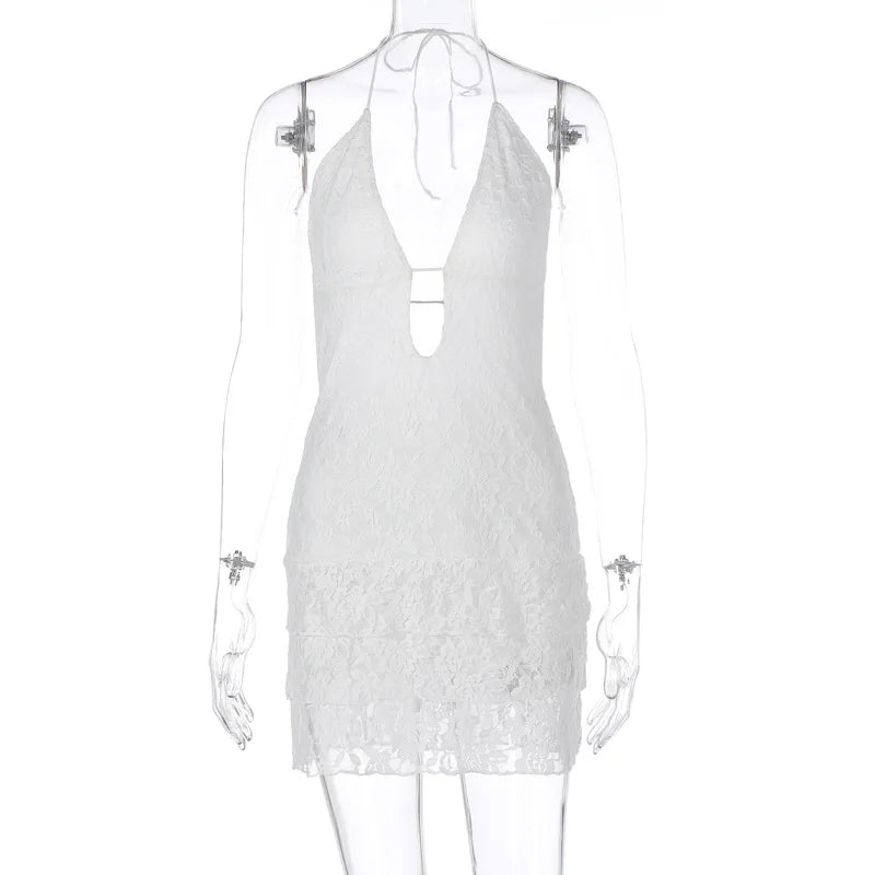 Articat 2024 Sommer Neue sexy Hollow Out Lace Up Hängende Damenkleid Temperament Vestido Kurzer Rock Slim Party Urlaub Strand