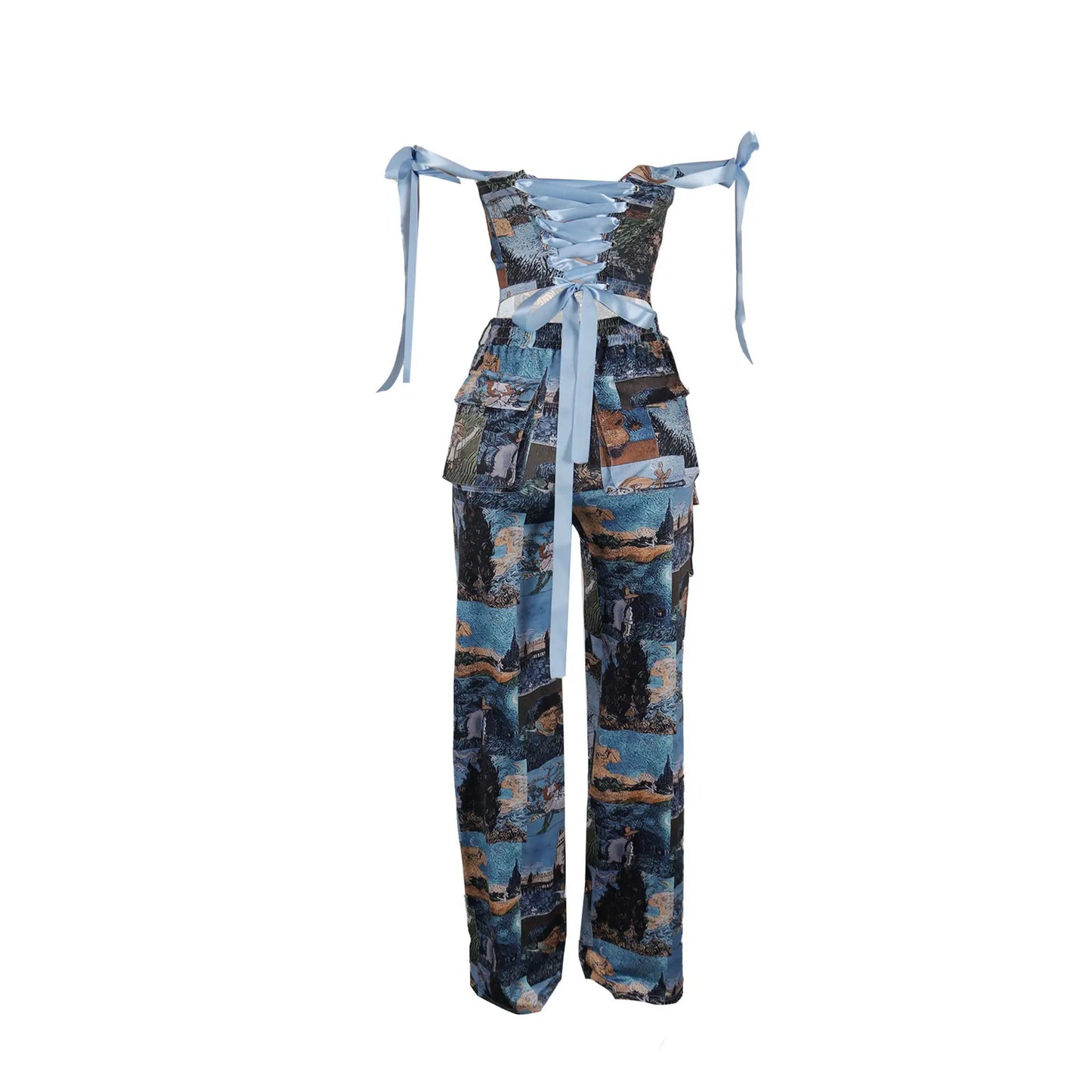 Two Pieces Women Pant Sets Print Matching Set Drawstring Pockets Sleeveless Top Elastic Waist Pants Slim Fit Casual 2026 Spring
