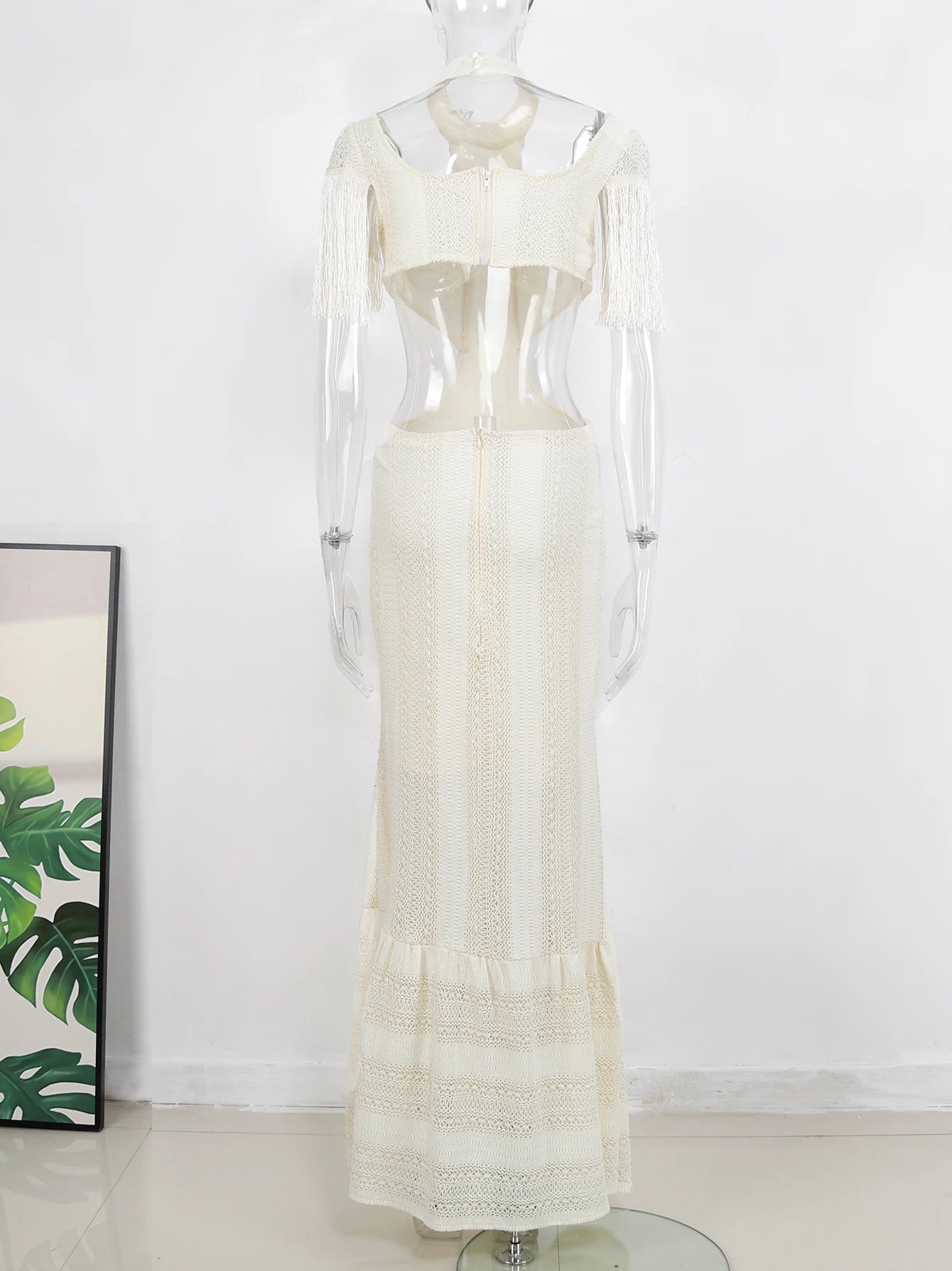 Sexy White Lace Women Dress Turtleneck Tassel Sleeve Slim Naked Waist Hollow Out Long Dress Summer Beach Female Knit Robe