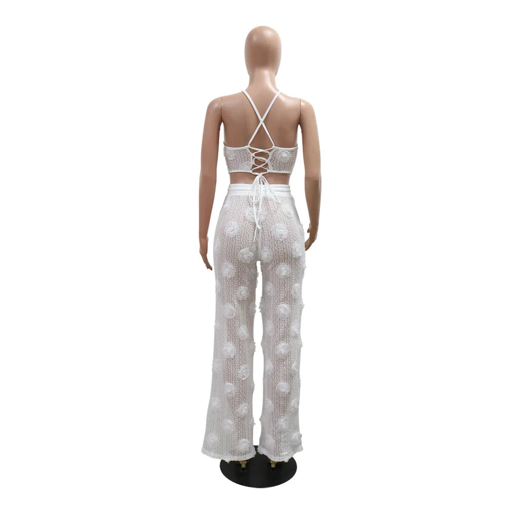 Women Two Piece Pant Sets Sexy Hollow Out Vest Sleeveless Tanks Tops Splice Long Pants Drawstring Streetwear Summer 2025