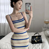 Elegant Camisole Dress for Women's Summer New Sleeveless Slim fit Knitted Striped Mid Length Dresses