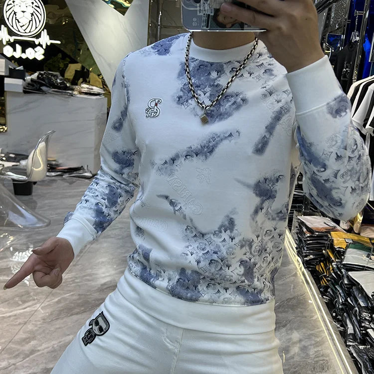 Trend Vielseitig Frühling Herbst Neu Herren O-Ausschnitt Graffiti-Druck Kontrastfarbe Mode Luxus Lässig Langarm Sweatshirts Oberteile