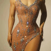 Sparkly Rhinestone V Neck Stretch Mesh Sexy See Through Dress Women 2024 Designer Party Celebrate Performance Costume Stage Wear