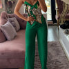 Spring Summer Sleeveless Suit Fashion Print Two Piece Sets Women Sexy V-neck Button Metal Sling Top & Wide Leg Pants Outfits